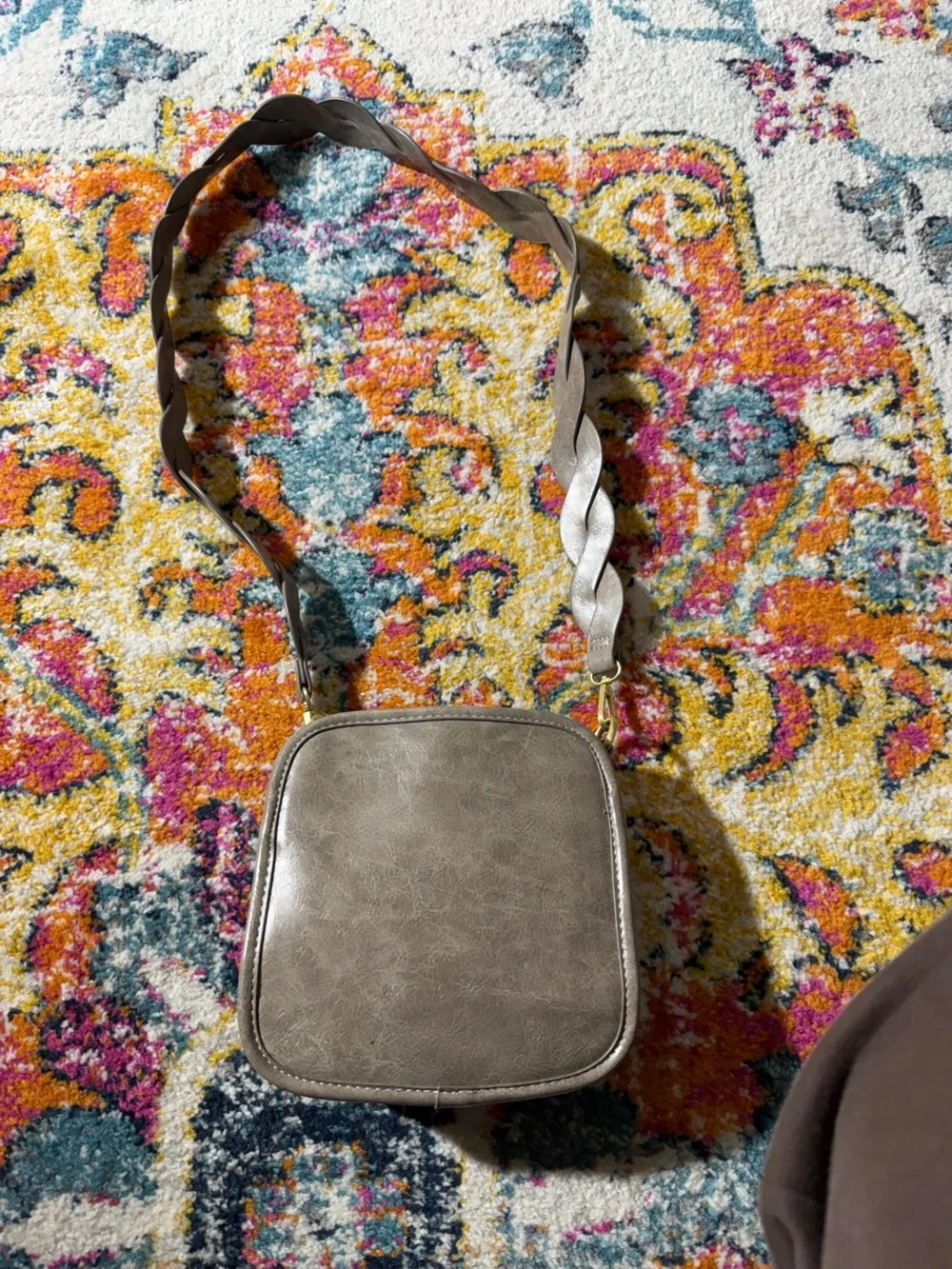 Anthropologie Metallic Taupe Faux-Leather Crossbody with Gold Snap